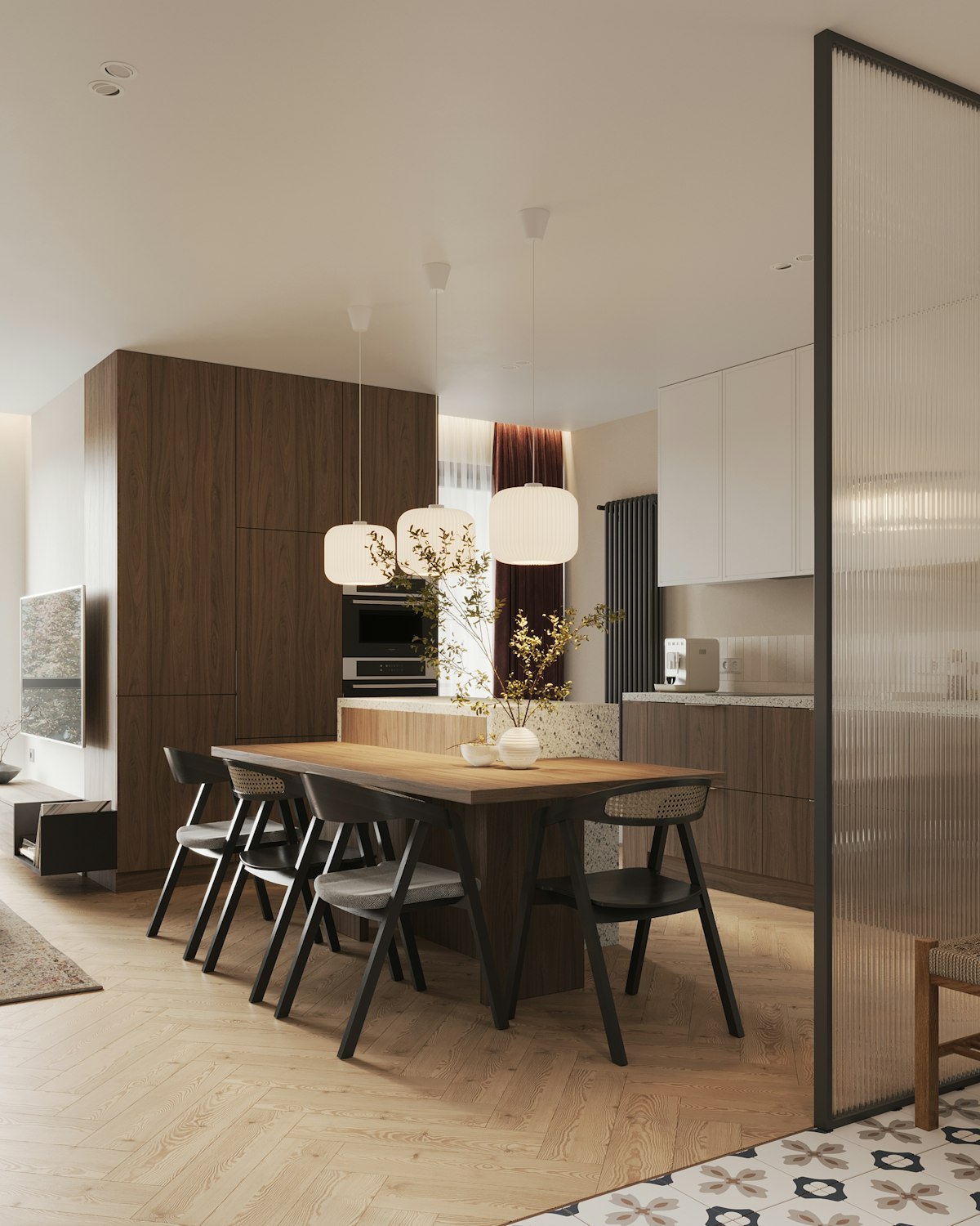 An apartment dining and kitchen area in warm timber
